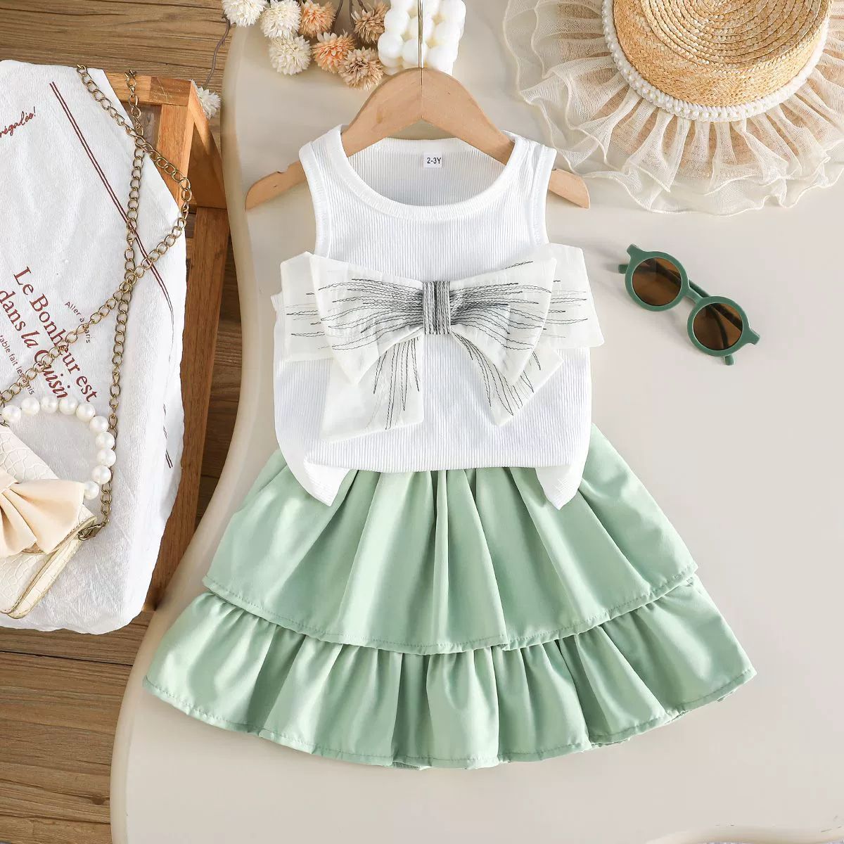 Girl Clothes Kid Sleeveless Bow Top & Layered Cake Skirt Set 2PCS Outfit 2-7 Years Fashion Casual Cool Clothes Clothing Set