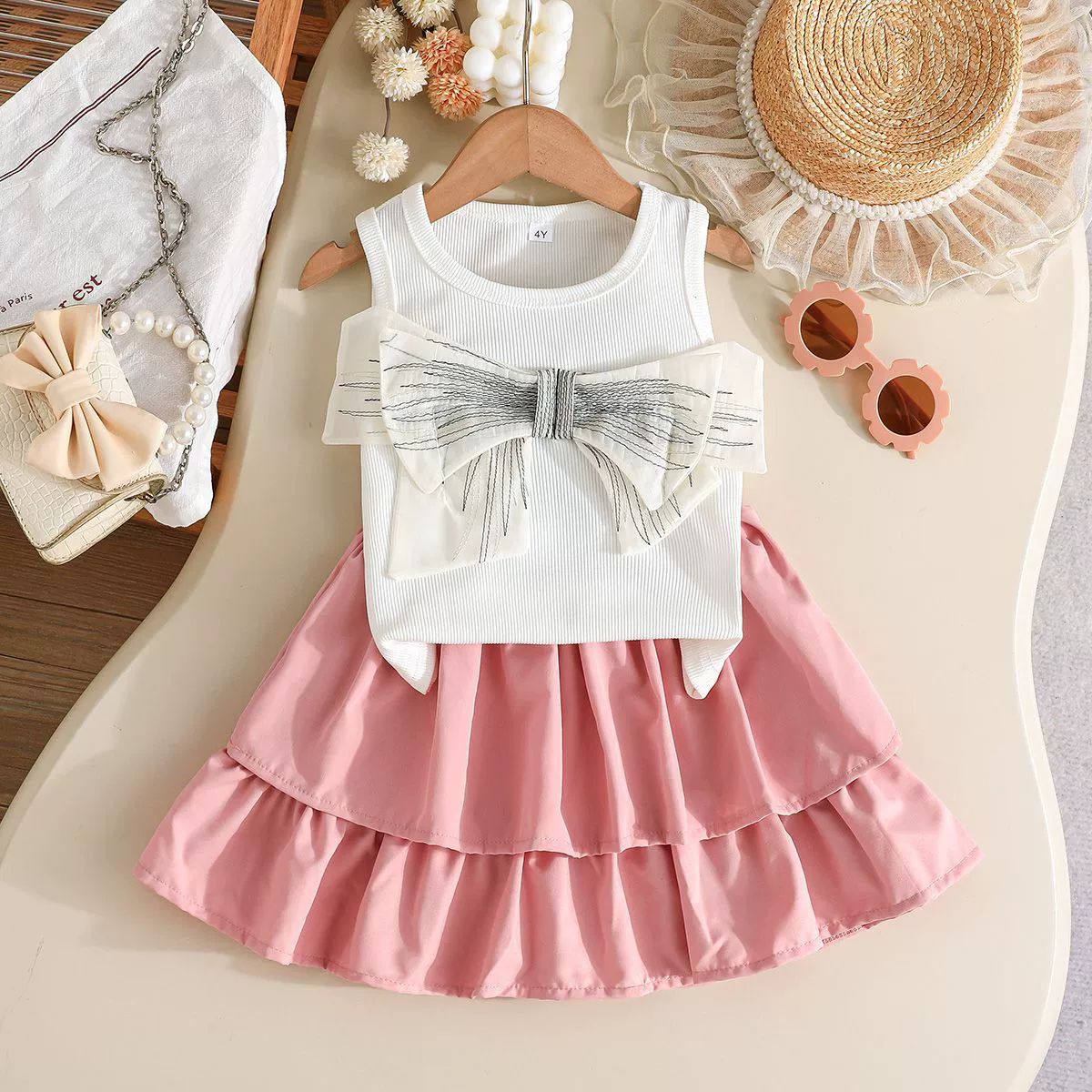 Girl Clothes Kid Sleeveless Bow Top & Layered Cake Skirt Set 2PCS Outfit 2-7 Years Fashion Casual Cool Clothes Clothing Set