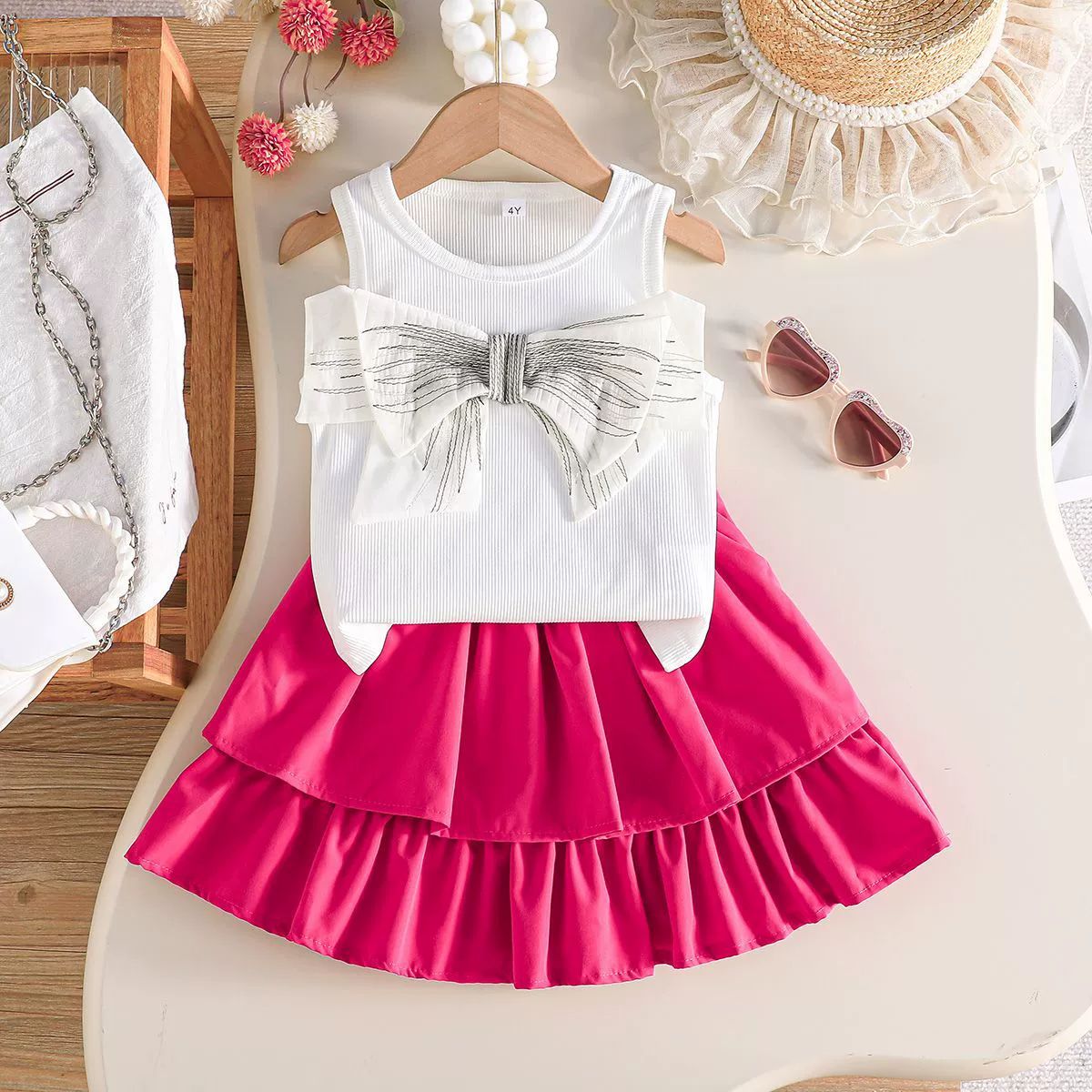 Girl Clothes Kid Sleeveless Bow Top & Layered Cake Skirt Set 2PCS Outfit 2-7 Years Fashion Casual Cool Clothes Clothing Set