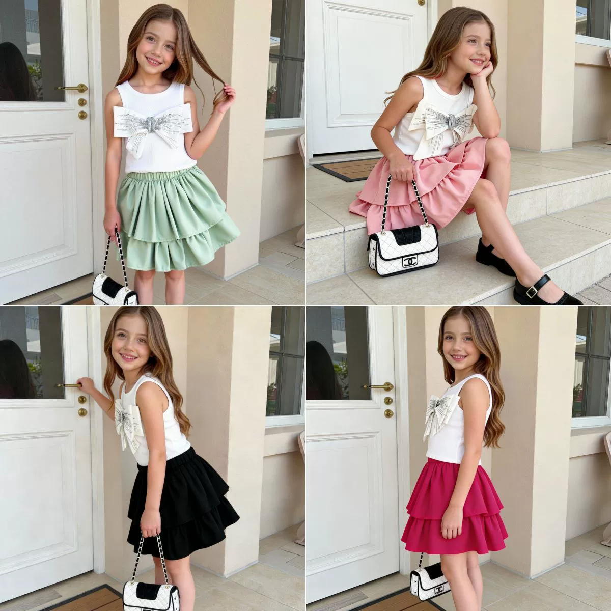 Girl Clothes Kid Sleeveless Bow Top & Layered Cake Skirt Set 2PCS Outfit 2-7 Years Fashion Casual Cool Clothes Clothing Set