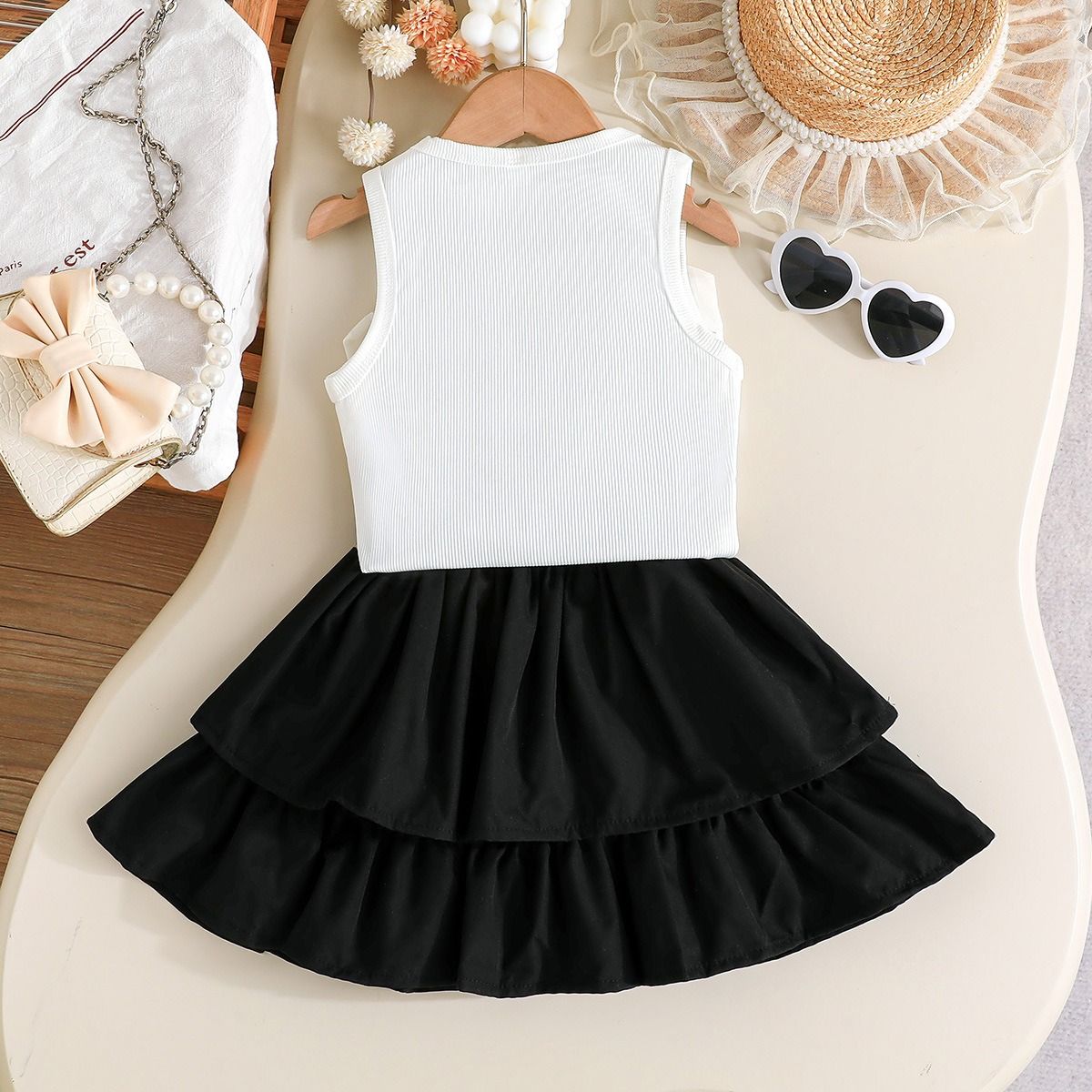 Girl Clothes Kid Sleeveless Bow Top & Layered Cake Skirt Set 2PCS Outfit 2-7 Years Fashion Casual Cool Clothes Clothing Set
