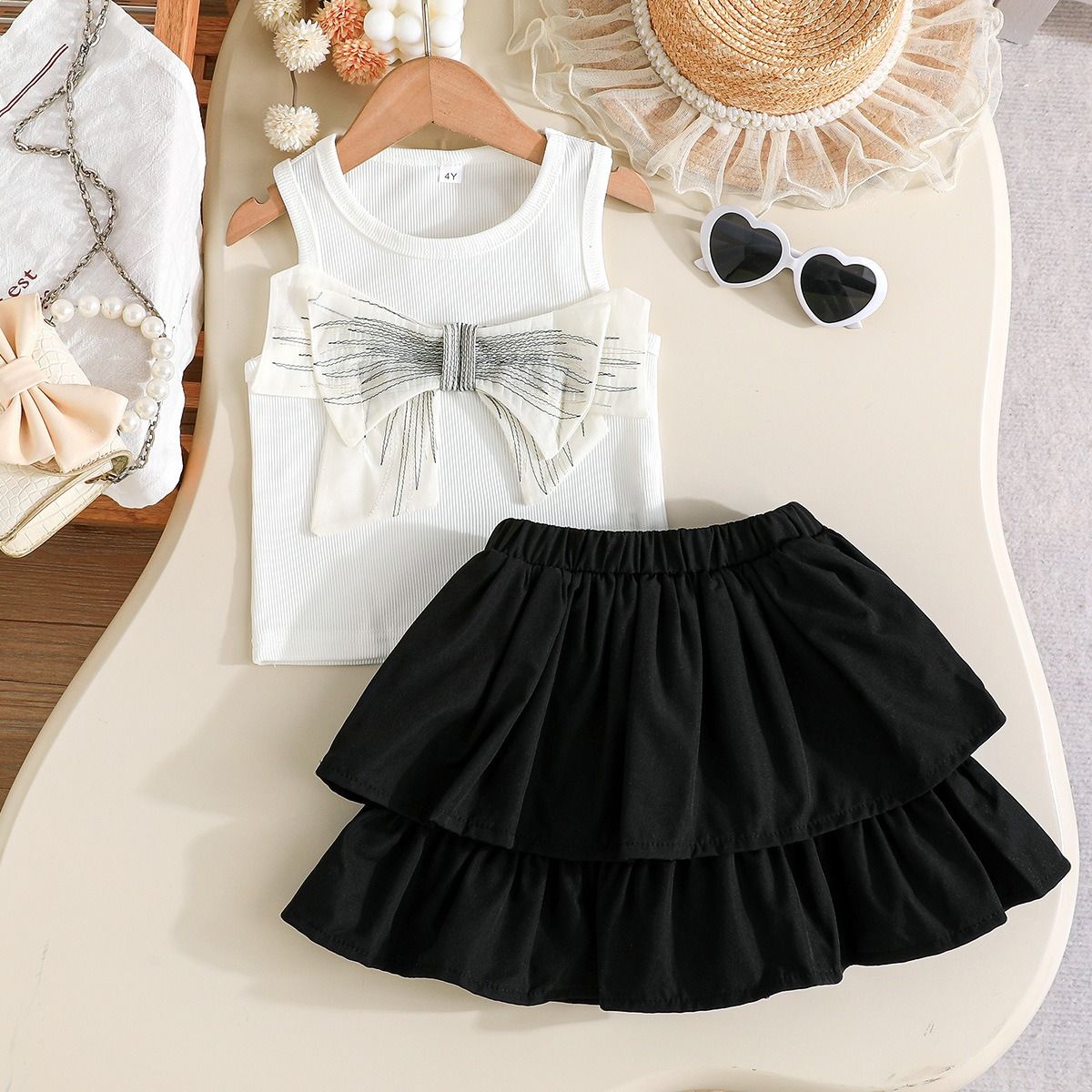 Girl Clothes Kid Sleeveless Bow Top & Layered Cake Skirt Set 2PCS Outfit 2-7 Years Fashion Casual Cool Clothes Clothing Set
