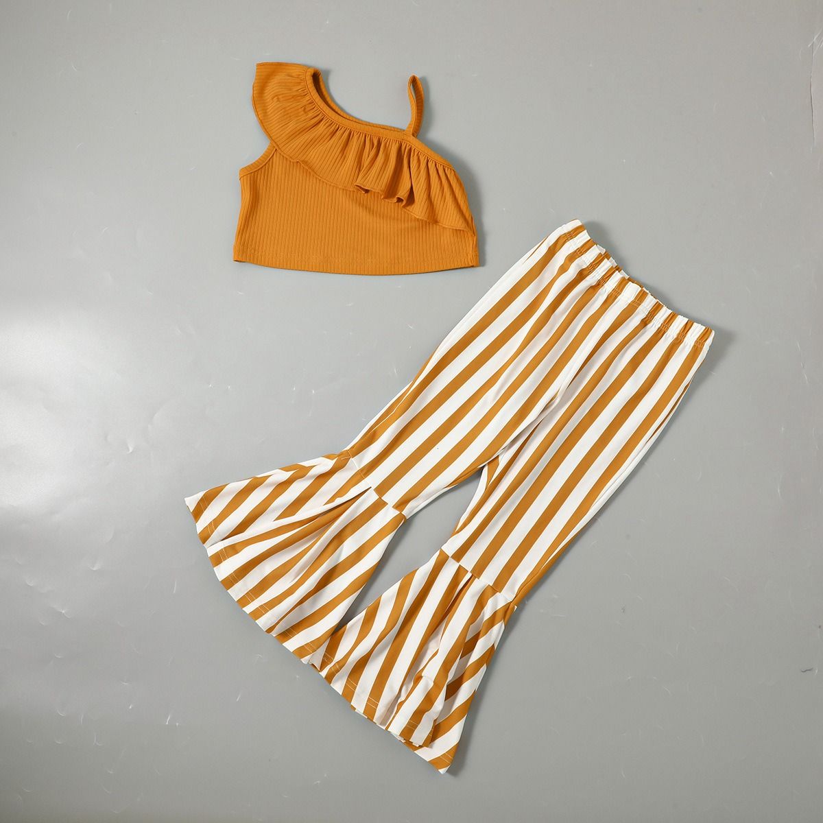 Girls Ribbed Ruffle Strap Top + Striped Flared Pants 2PCS Casual Fashion Outfit Girl Clothes Kid Clothing Sets