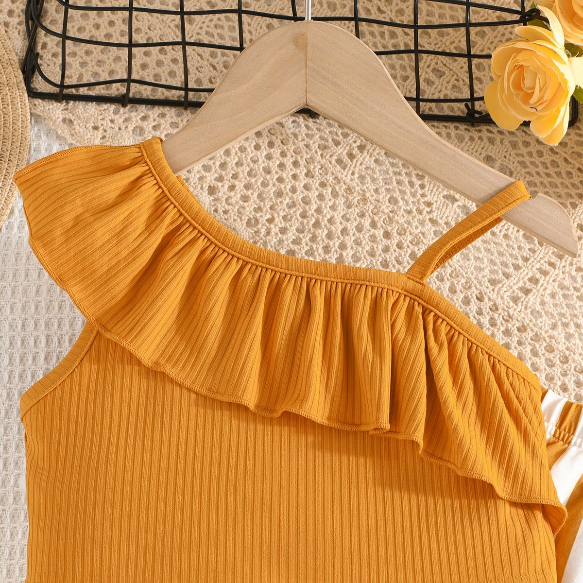 Girls Ribbed Ruffle Strap Top + Striped Flared Pants 2PCS Casual Fashion Outfit Girl Clothes Kid Clothing Sets