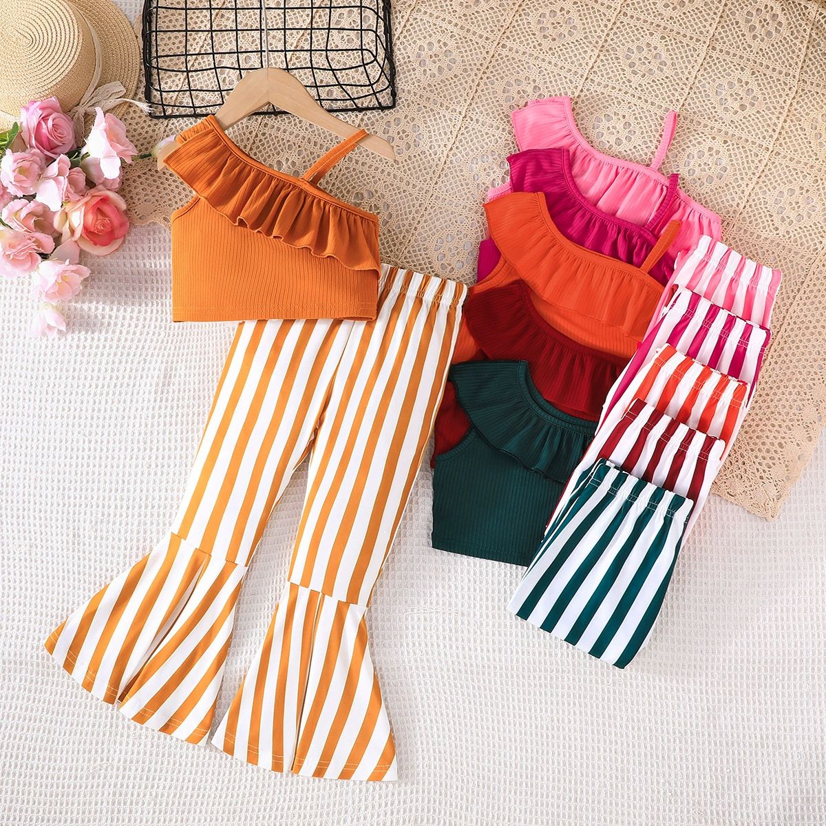 Girls Ribbed Ruffle Strap Top + Striped Flared Pants 2PCS Casual Fashion Outfit Girl Clothes Kid Clothing Sets