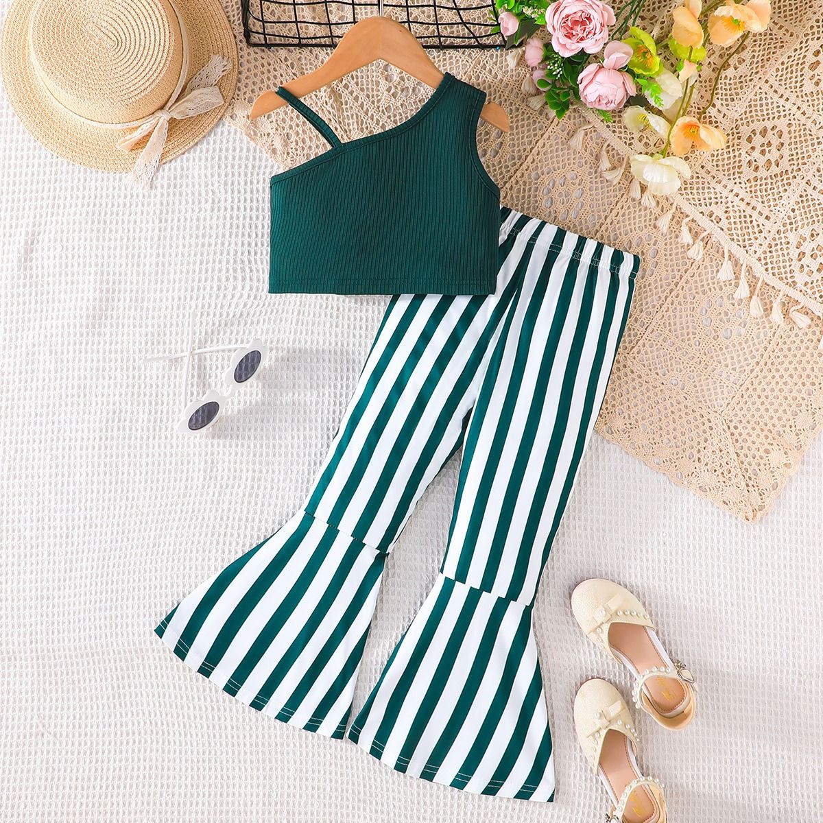 Girls Ribbed Ruffle Strap Top + Striped Flared Pants 2PCS Casual Fashion Outfit Girl Clothes Kid Clothing Sets