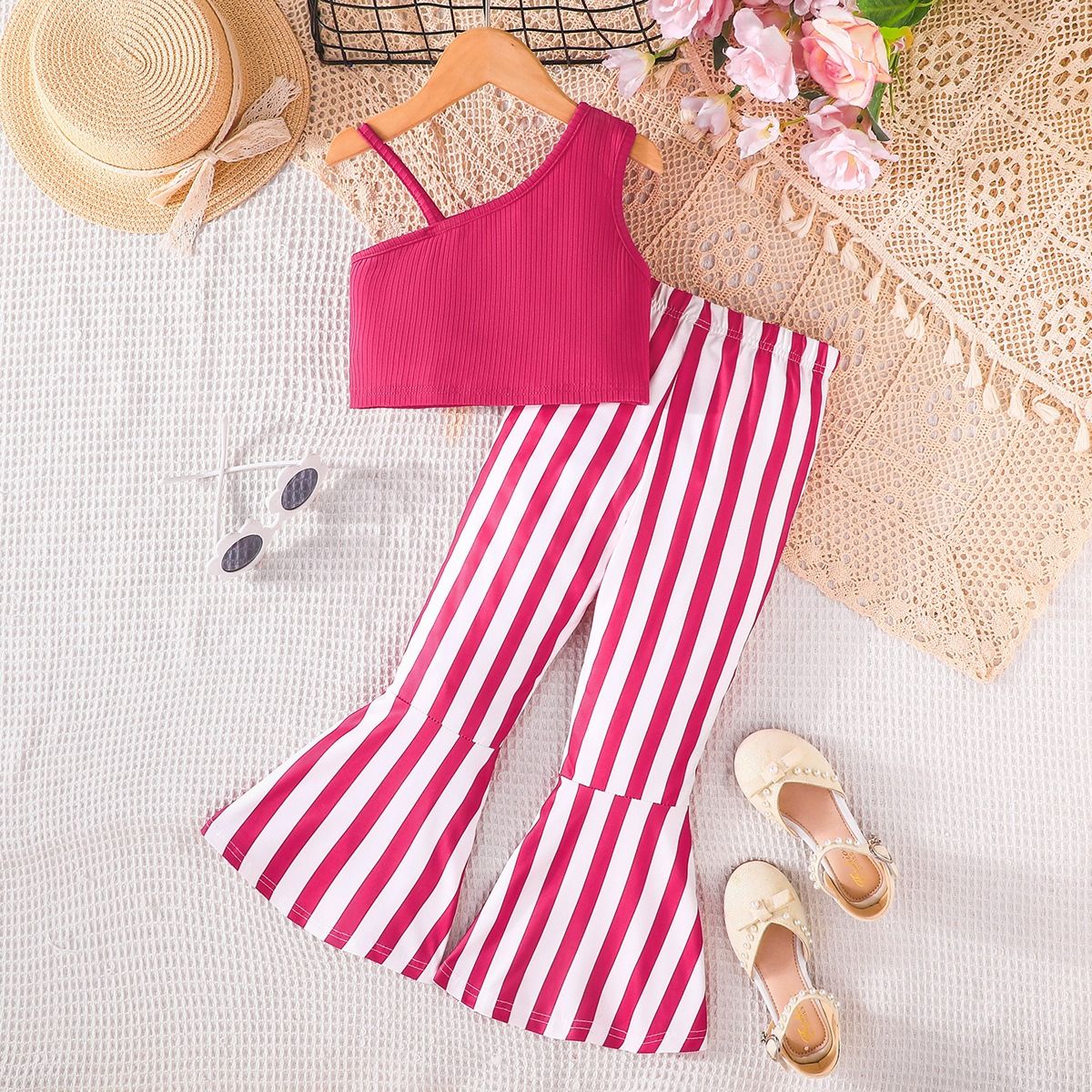 Girls Ribbed Ruffle Strap Top + Striped Flared Pants 2PCS Casual Fashion Outfit Girl Clothes Kid Clothing Sets