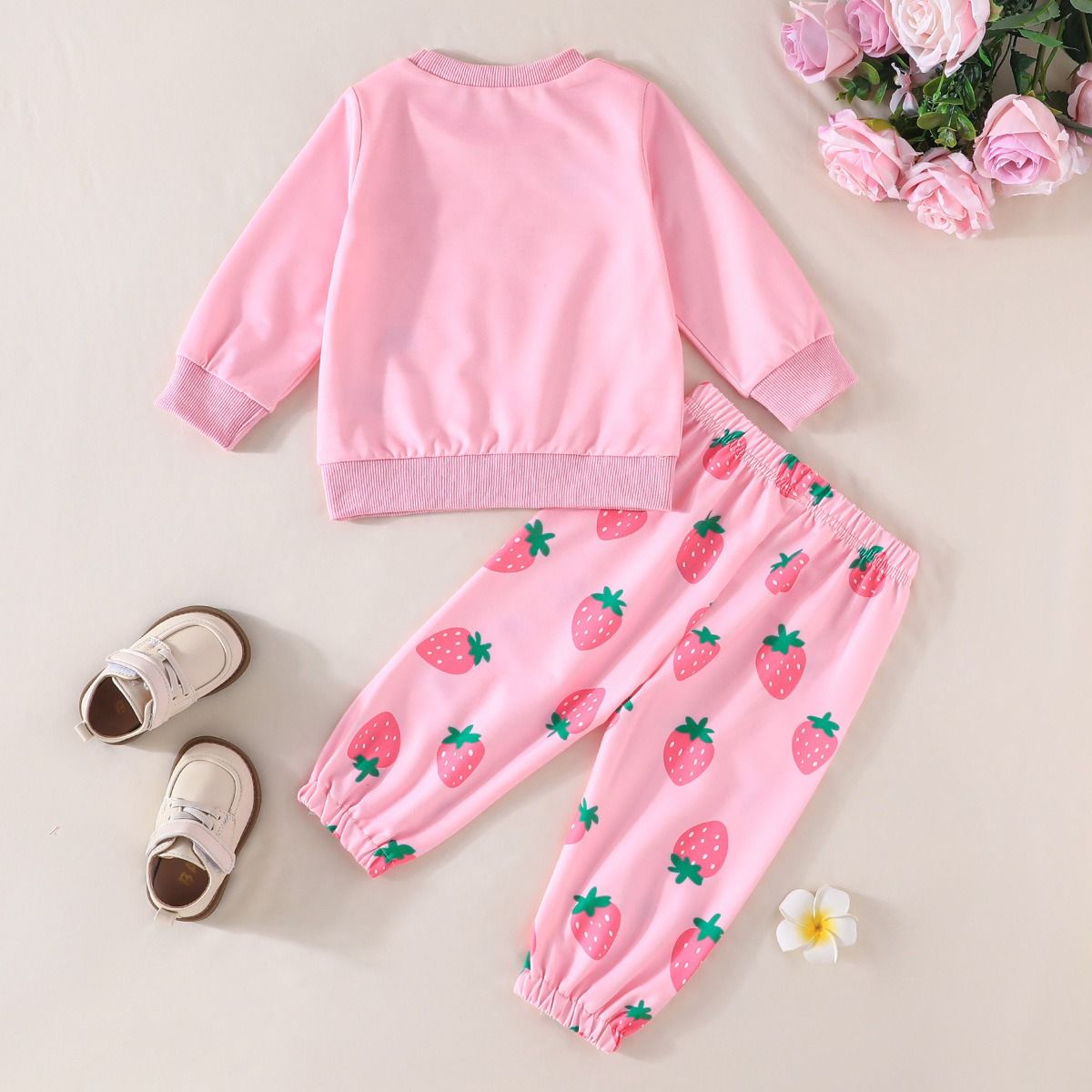 Girls Strawberry Print Sweatshirt & Cuffed Pants 2PCS Set Pink Casual Outfit for Baby Girls 1-4 Years Girl Clothes Kid