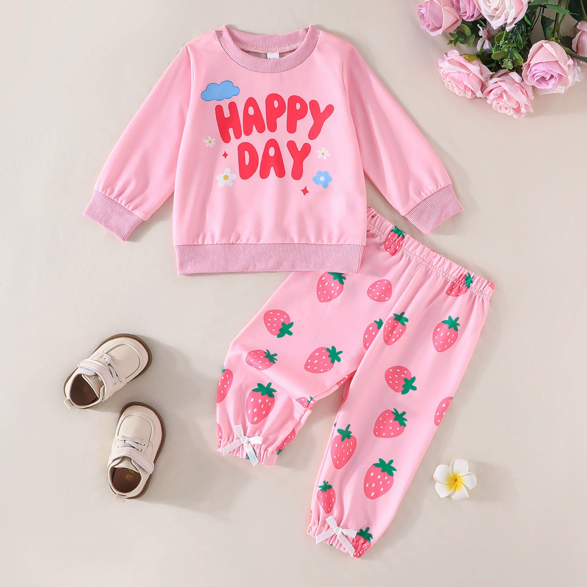 Girls Strawberry Print Sweatshirt & Cuffed Pants 2PCS Set Pink Casual Outfit for Baby Girls 1-4 Years Girl Clothes Kid