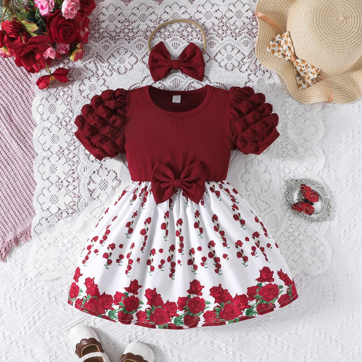 Girl Floral Heart Princess Dress Puff Sleeve Ribbed Bow Dress with Matching Bow Hairband Baby Daily Dresses Baby Clothes Girl Dress Kid Clothes
