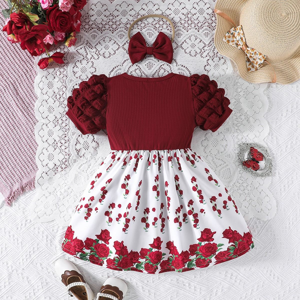 Girl Floral Heart Princess Dress Puff Sleeve Ribbed Bow Dress with Matching Bow Hairband Baby Daily Dresses Baby Clothes Girl Dress Kid Clothes