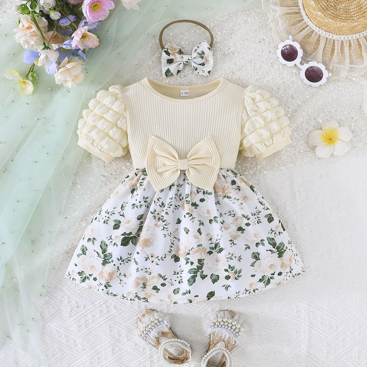 Girl Floral Heart Princess Dress Puff Sleeve Ribbed Bow Dress with Matching Bow Hairband Baby Daily Dresses Baby Clothes Girl Dress Kid Clothes