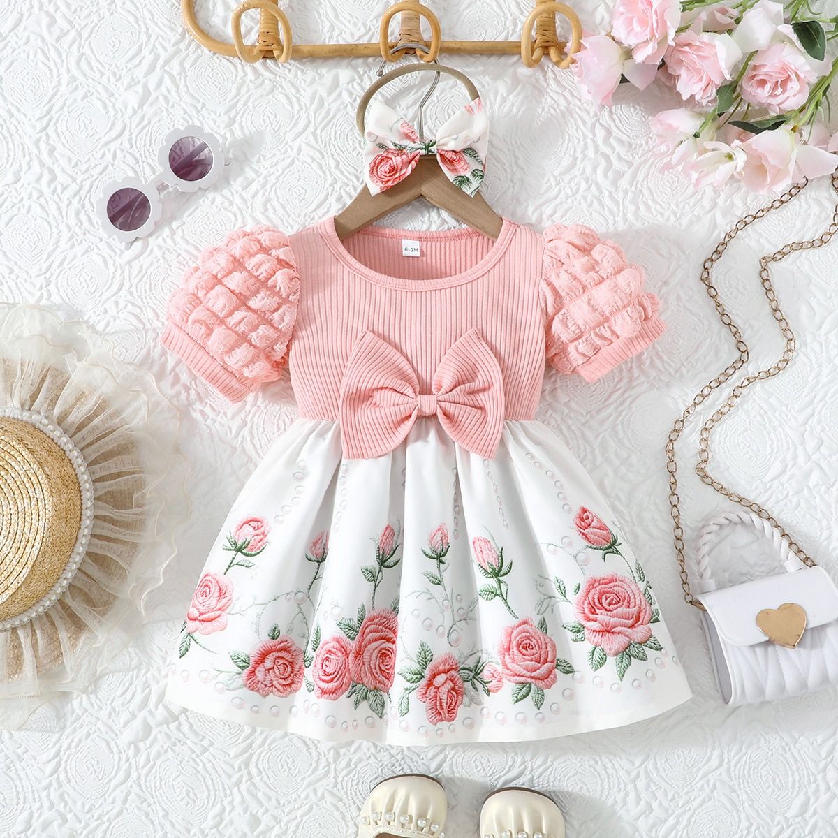Girl Floral Heart Princess Dress Puff Sleeve Ribbed Bow Dress with Matching Bow Hairband Baby Daily Dresses Baby Clothes Girl Dress Kid Clothes