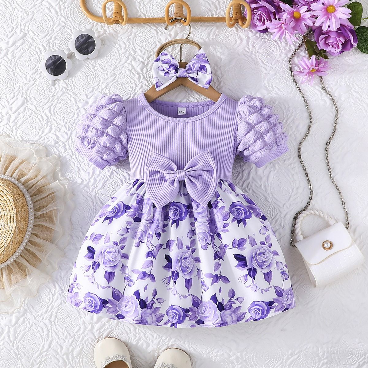 Girl Floral Heart Princess Dress Puff Sleeve Ribbed Bow Dress with Matching Bow Hairband Baby Daily Dresses Baby Clothes Girl Dress Kid Clothes