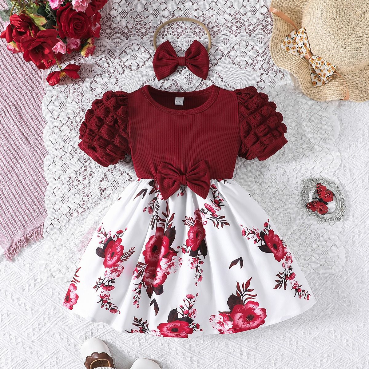 Girl Floral Heart Princess Dress Puff Sleeve Ribbed Bow Dress with Matching Bow Hairband Baby Daily Dresses Baby Clothes Girl Dress Kid Clothes