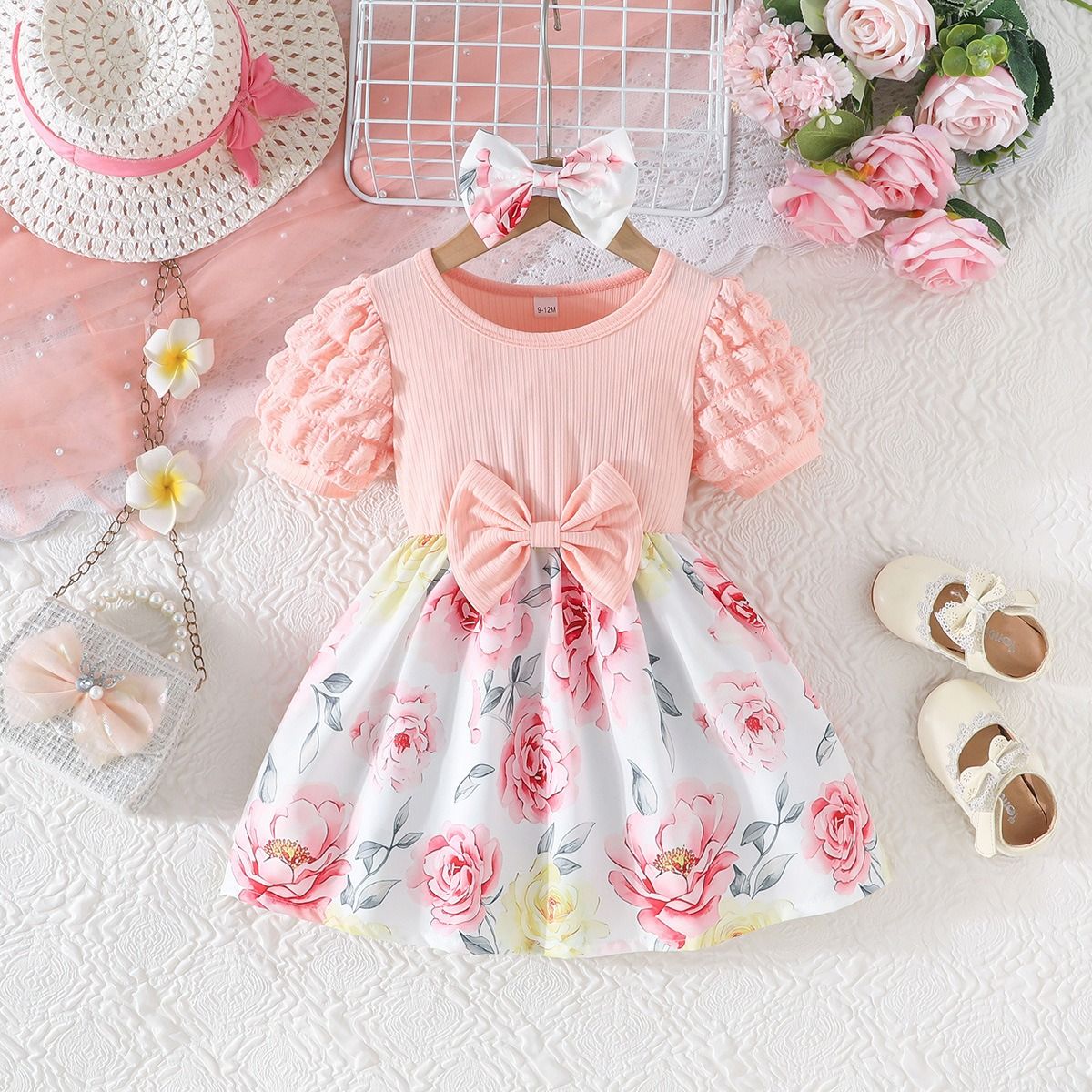 Girl Floral Heart Princess Dress Puff Sleeve Ribbed Bow Dress with Matching Bow Hairband Baby Daily Dresses Baby Clothes Girl Dress Kid Clothes