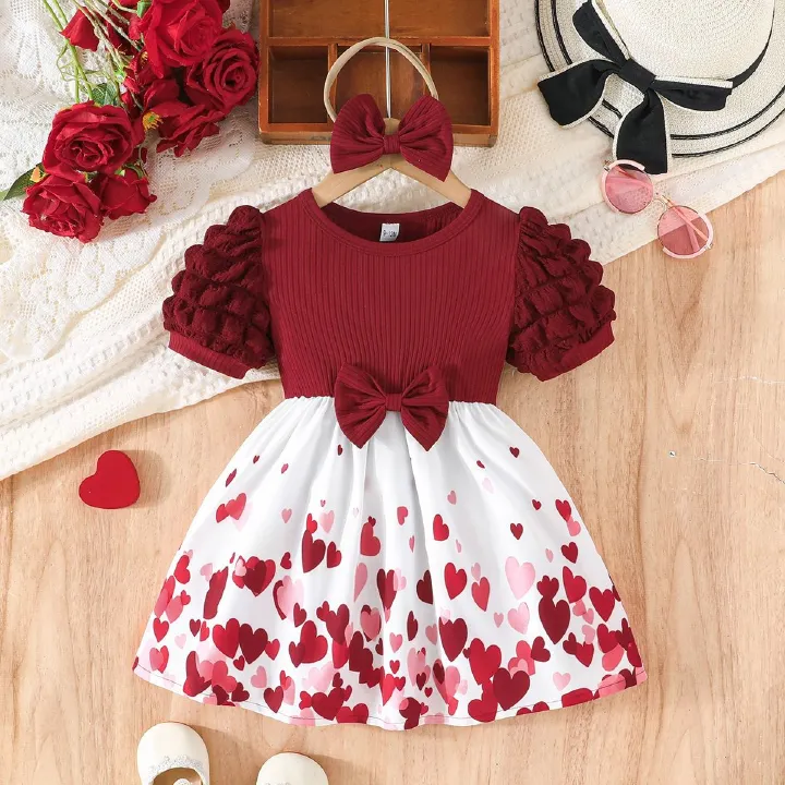 Girl Floral Heart Princess Dress Puff Sleeve Ribbed Bow Dress with Matching Bow Hairband Baby Daily Dresses Baby Clothes Girl Dress Kid Clothes