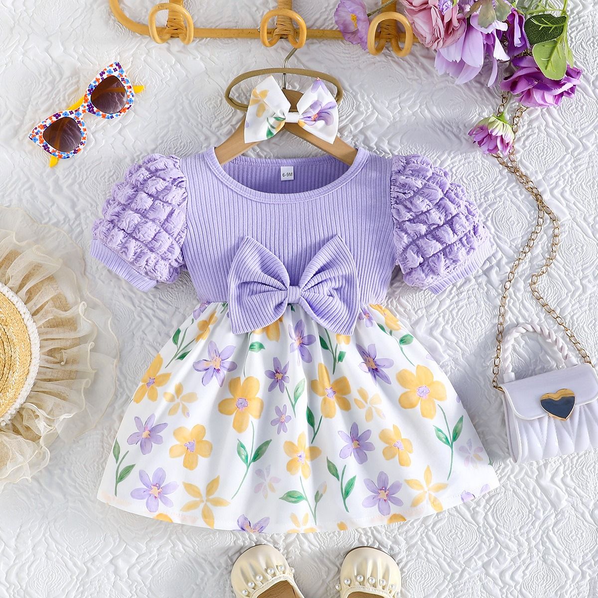 Girl Floral Heart Princess Dress Puff Sleeve Ribbed Bow Dress with Matching Bow Hairband Baby Daily Dresses Baby Clothes Girl Dress Kid Clothes