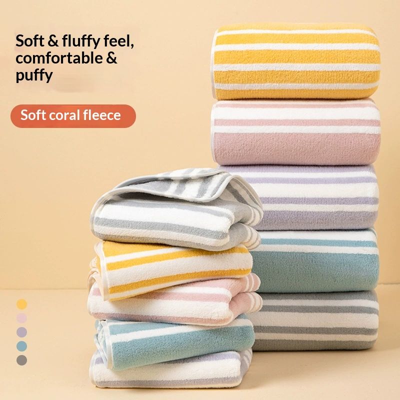 2Pcs New Towel Sets Candy Color Striped Coral Fleece Absorbent Bath Towel Set 2pcs Soft Face & Body Towels for Home Use Bath  Towel Face Towel