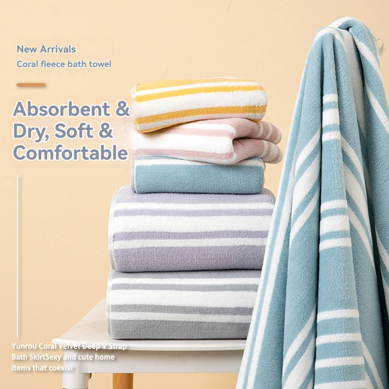 2Pcs New Towel Sets Candy Color Striped Coral Fleece Absorbent Bath Towel Set 2pcs Soft Face & Body Towels for Home Use Bath  Towel Face Towel