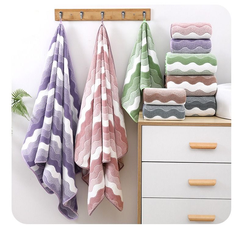 2Pcs Cationic Soft Wide S-Pattern Towel Set Highly Absorbent Bath Towel & Face Towel Bathroom Shower Use Gentle Skin Care Beauty Towels