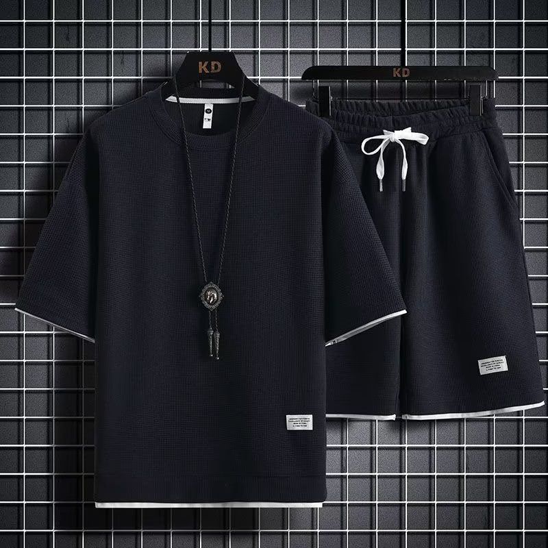 Men's Waffle-Knit Sportswear Set – Loose Fit Fake Two-Piece Short Sleeve T-Shirt & Shorts