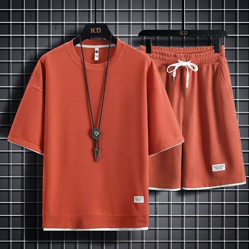 Men's Waffle-Knit Sportswear Set – Loose Fit Fake Two-Piece Short Sleeve T-Shirt & Shorts