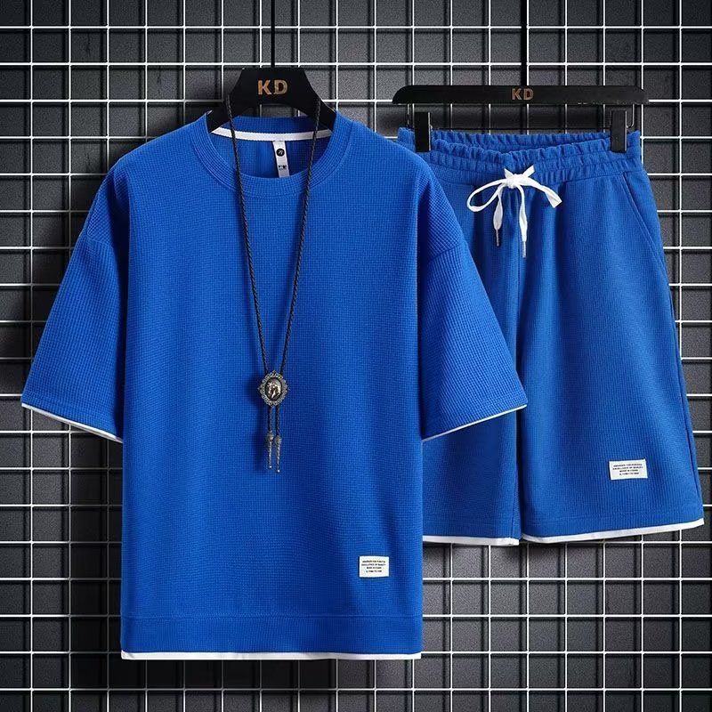 Men's Waffle-Knit Sportswear Set – Loose Fit Fake Two-Piece Short Sleeve T-Shirt & Shorts