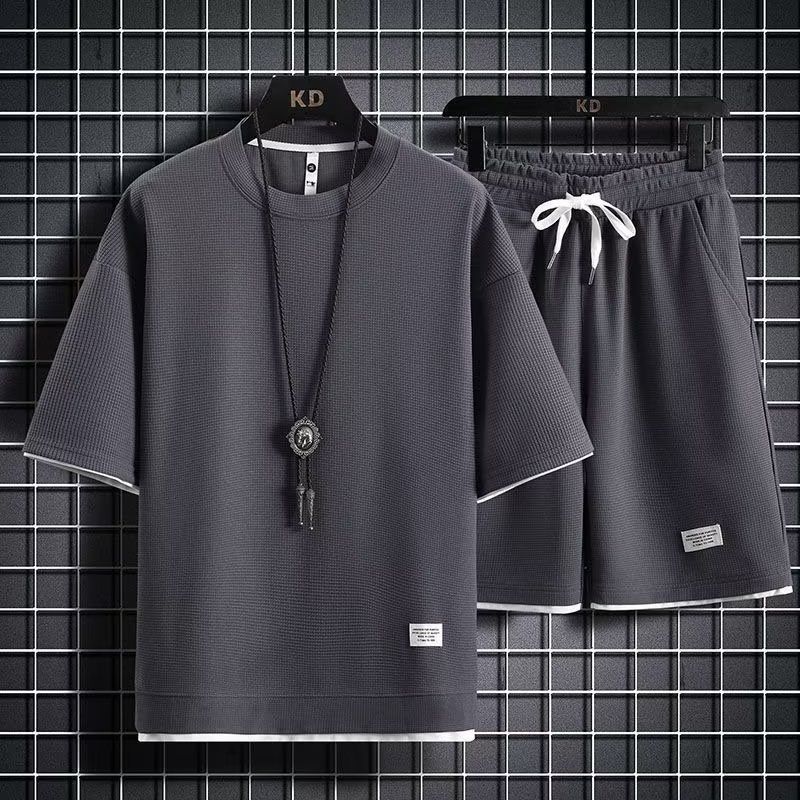 Men's Waffle-Knit Sportswear Set – Loose Fit Fake Two-Piece Short Sleeve T-Shirt & Shorts