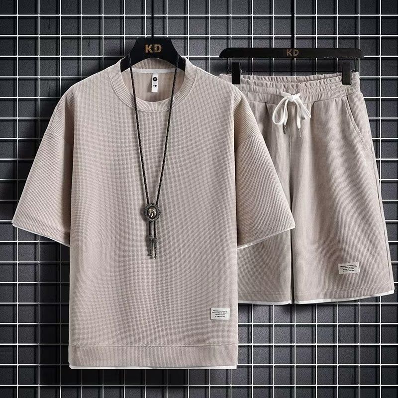 Men's Waffle-Knit Sportswear Set – Loose Fit Fake Two-Piece Short Sleeve T-Shirt & Shorts