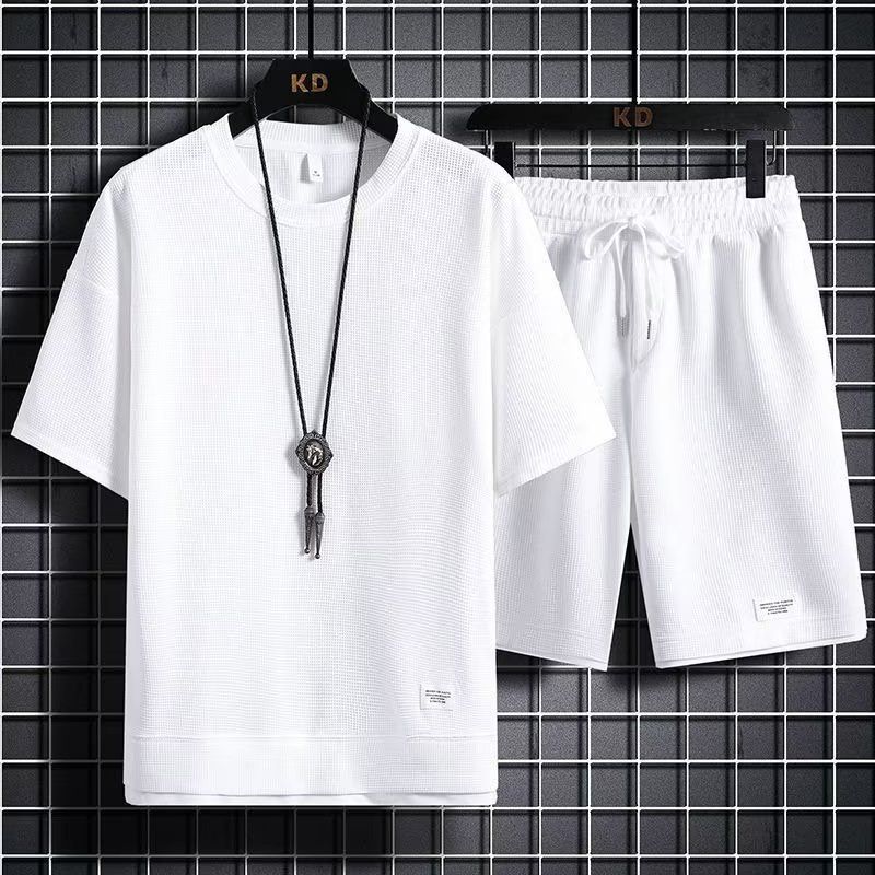 Men's Waffle-Knit Sportswear Set – Loose Fit Fake Two-Piece Short Sleeve T-Shirt & Shorts