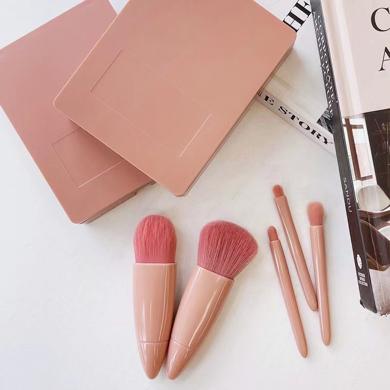 5-PRO Travel Brush Set with Mirror Case - 0.1kg Pocket-Size Foundation/Blending/Lip Brushes for African On-The-Go Glam