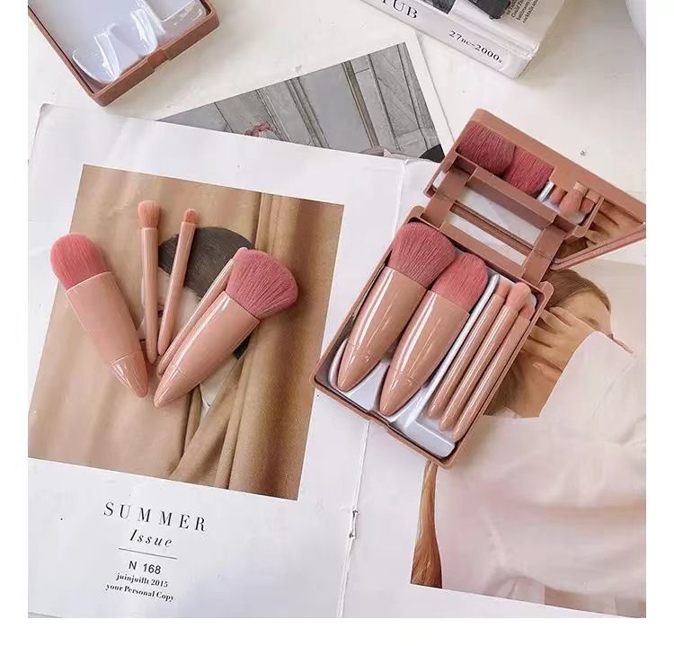 5-PRO Travel Brush Set with Mirror Case - 0.1kg Pocket-Size Foundation/Blending/Lip Brushes for African On-The-Go Glam