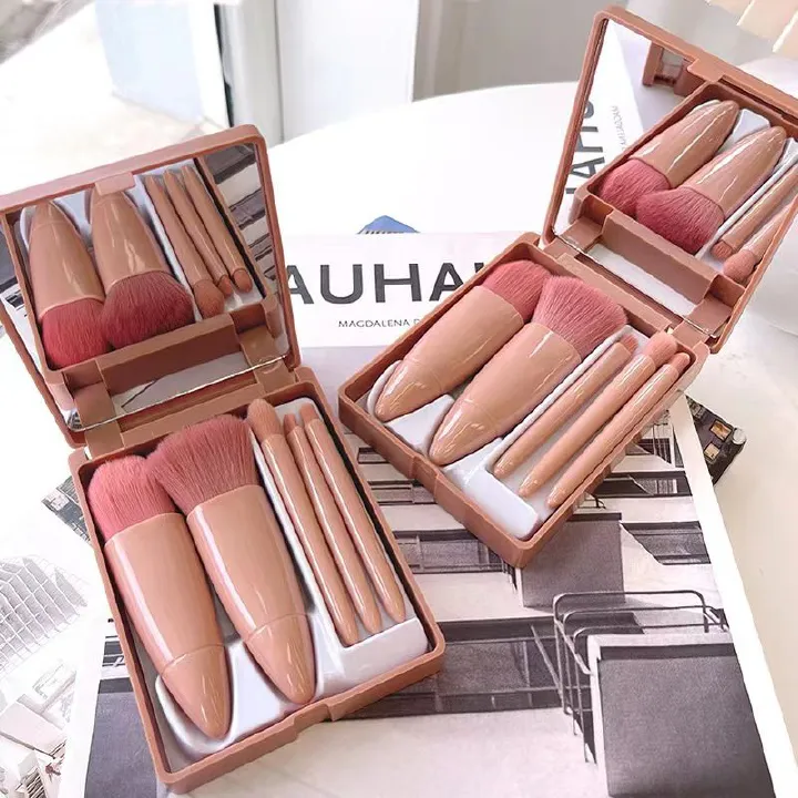 5-PRO Travel Brush Set with Mirror Case - 0.1kg Pocket-Size Foundation/Blending/Lip Brushes for African On-The-Go Glam