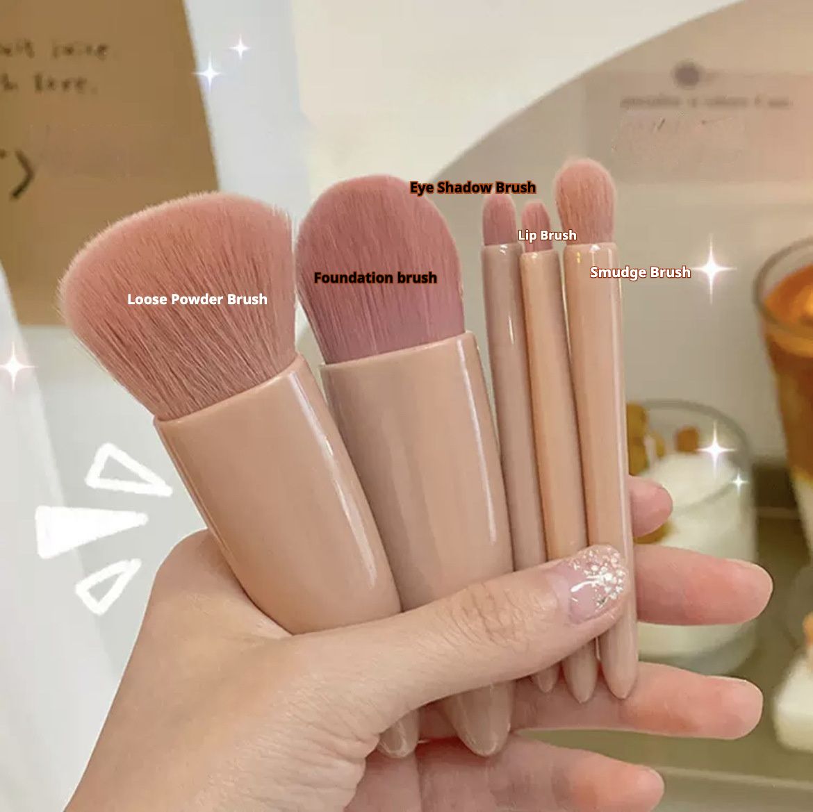 5-PRO Travel Brush Set with Mirror Case - 0.1kg Pocket-Size Foundation/Blending/Lip Brushes for African On-The-Go Glam