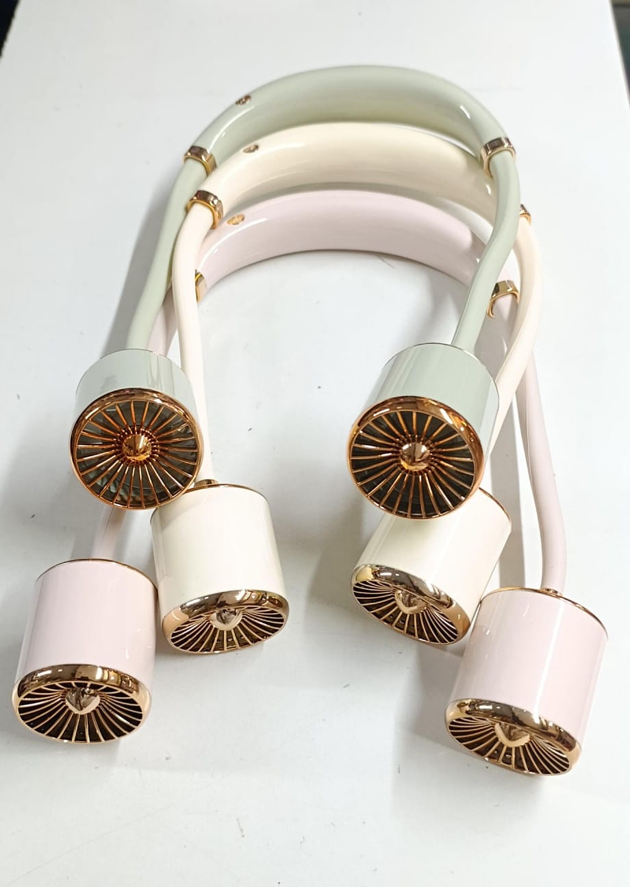 Gold Hanging Neck Small Fan USB Charging Three-speed Adjustable Summer Portable silent Outdoor Electric Neck Fan, Home, Office, Indoor, Outdoor, Small leafless Neck Fan
