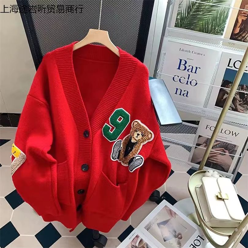 Knitwear Cartoon Bear Sweater Coat Female New Loose College Style Fall/winter Knitted Cardigan V-neck Sweater Cardigan Knitted