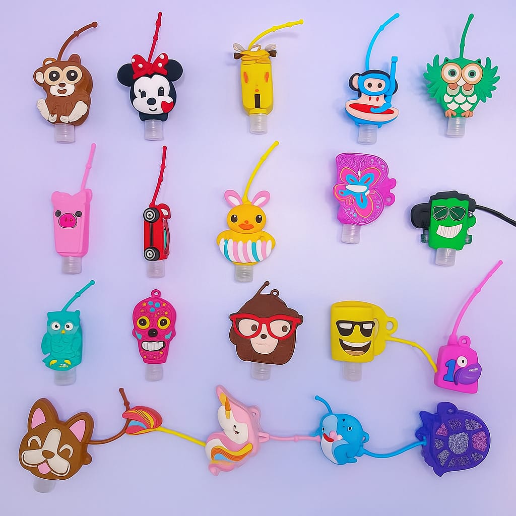 Travel size and Portable hand sanitizer holder with a loop or clip, allowing it to be attached to a bag, backpack, or keychain for easy access. Comes with a small bottle of hand Lotion/sanitizer.