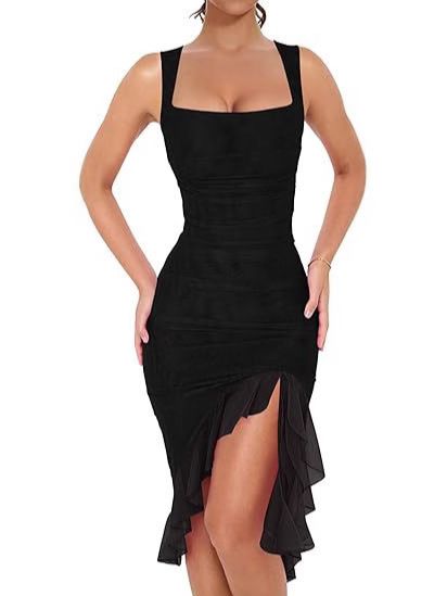 BORIFLORS Women's Sexy Pleated Tight Medium and Long Dress Square Collar Sleeveless Pleated Hem Club Party Vest Skirt