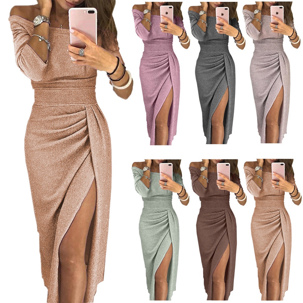 European and American Amazon transparent hip-wrapped slit A-line collar dress shiny dress skirt dinner dress