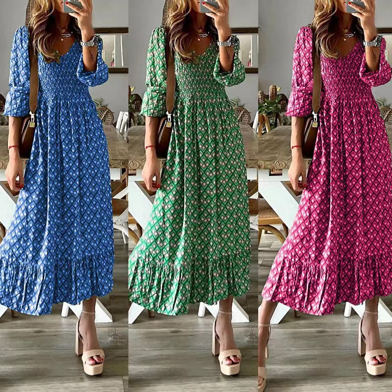 European and American cross-border 2025 Amazon autumn new fashion women's long skirt green printed stitching dress wholesale