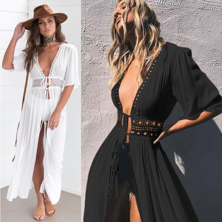 AliExpress popular lace chiffon beach swimsuit blouse European and American cross-border perspective split sexy white xxxl