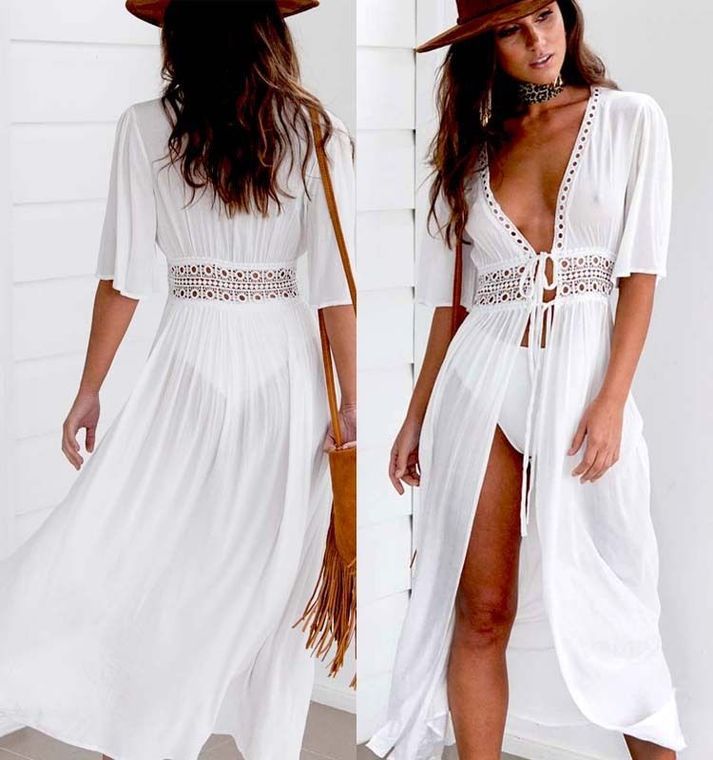 AliExpress popular lace chiffon beach swimsuit blouse European and American cross-border perspective split sexy white xxxl