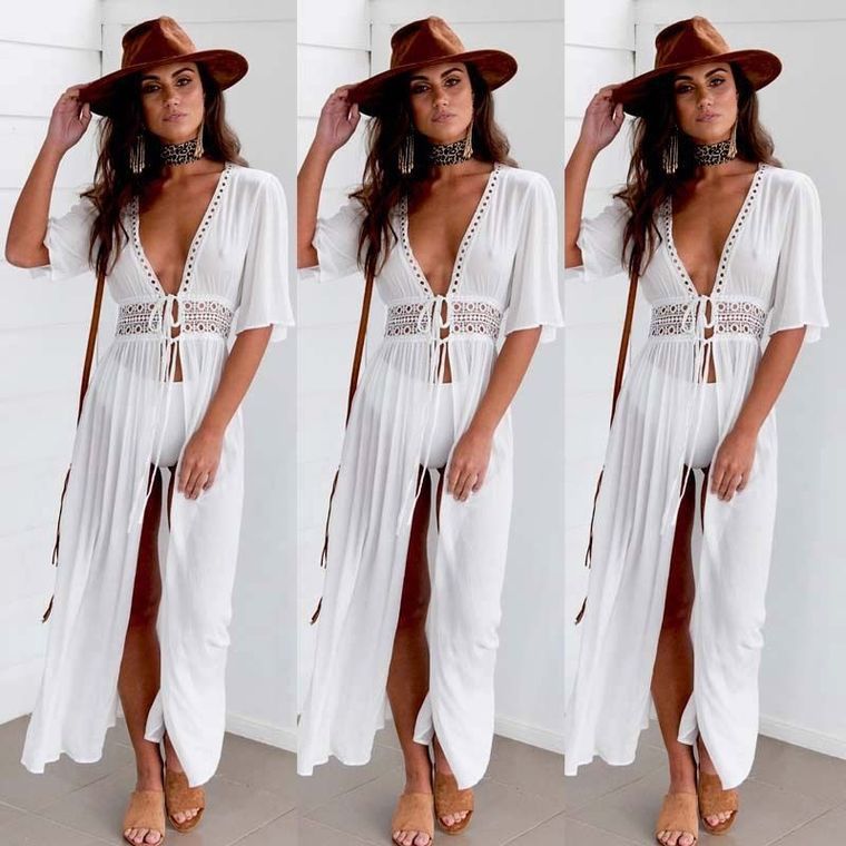 AliExpress popular lace chiffon beach swimsuit blouse European and American cross-border perspective split sexy white xxxl