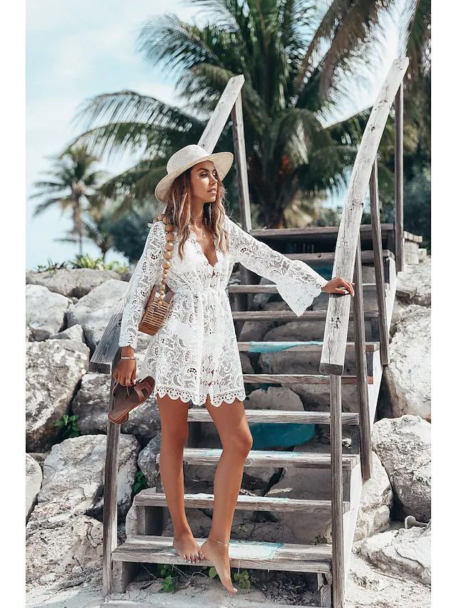 Cross-border summer popular bikini blouse European and American sexy V-neck sunscreen shirt Amazon lace beach skirt white xxxl