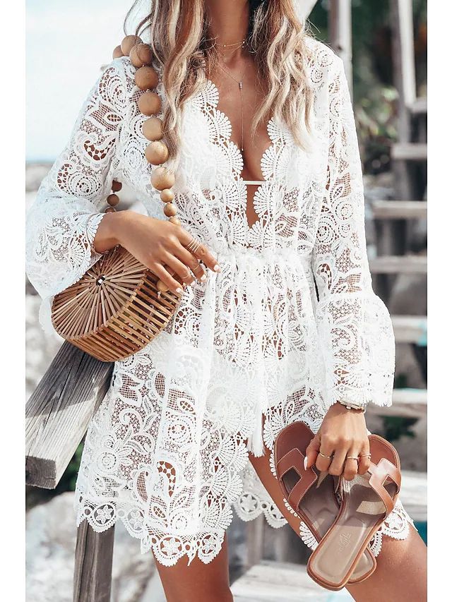 Cross-border summer popular bikini blouse European and American sexy V-neck sunscreen shirt Amazon lace beach skirt white xxxl