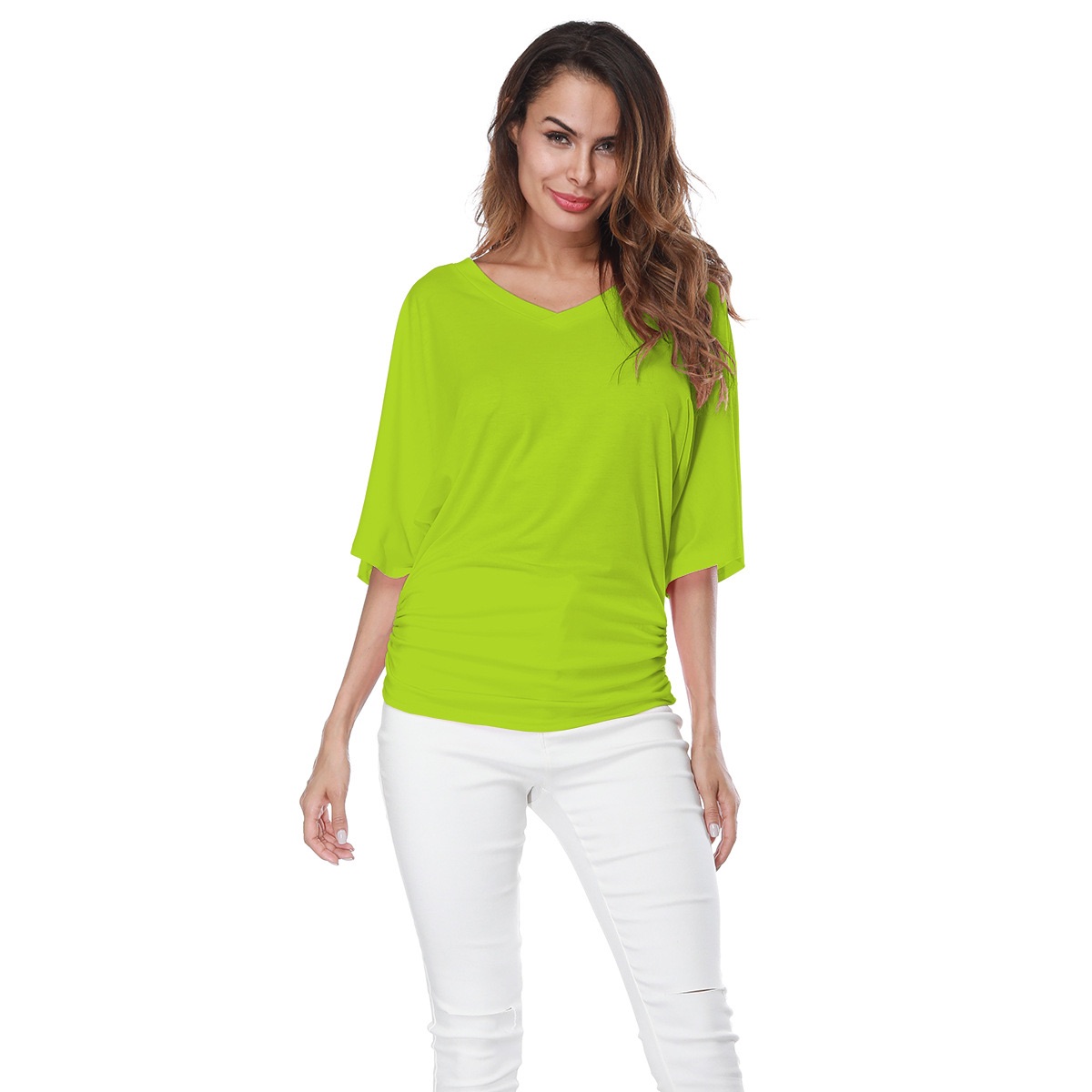 Cross-border large-size women's loose bat sleeve V-neck short-sleeved T-shirt top yellow xxxxxl