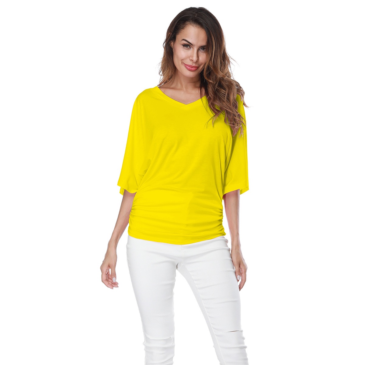 Cross-border large-size women's loose bat sleeve V-neck short-sleeved T-shirt top yellow xxxxxl