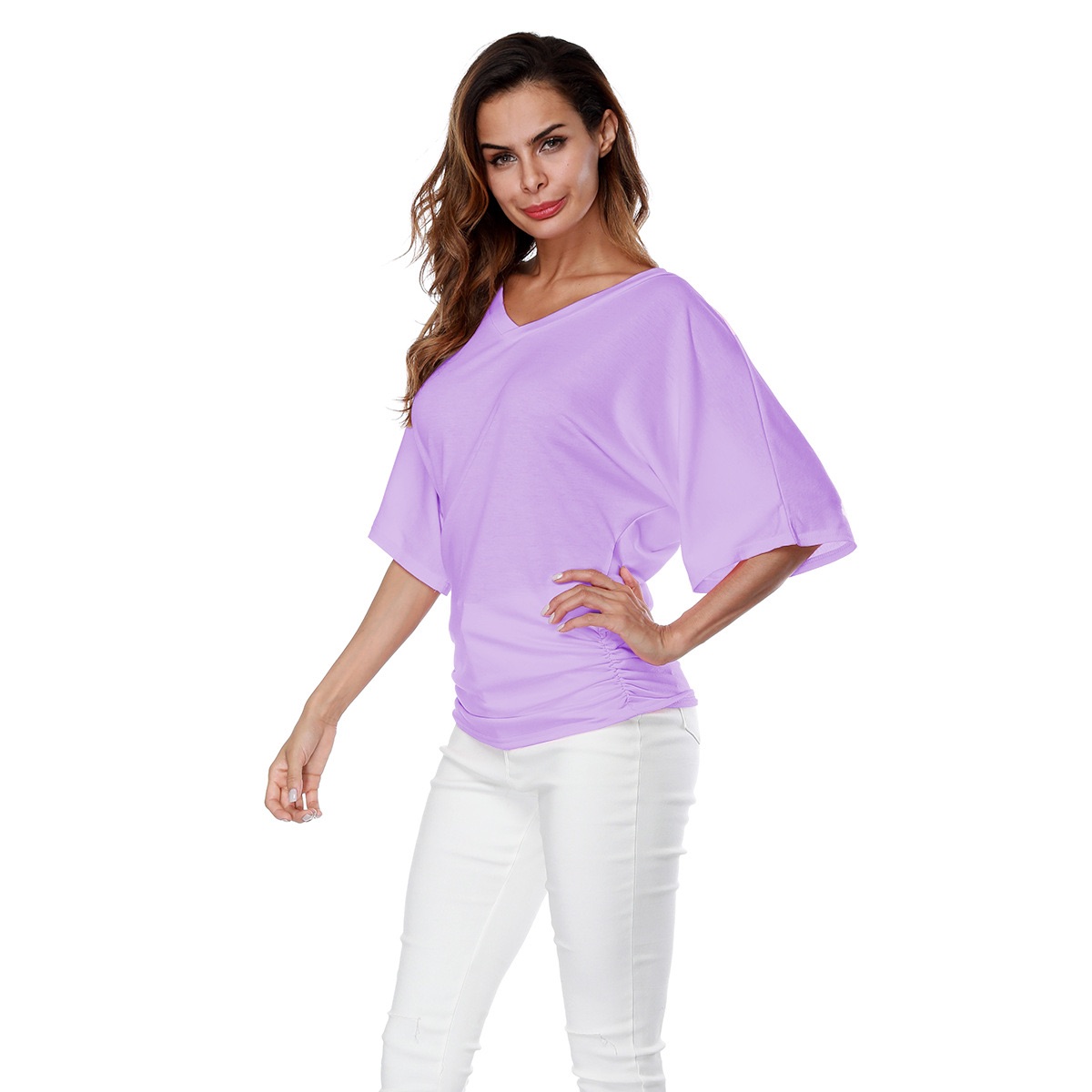 Cross-border large-size women's loose bat sleeve V-neck short-sleeved T-shirt top yellow xxxxxl