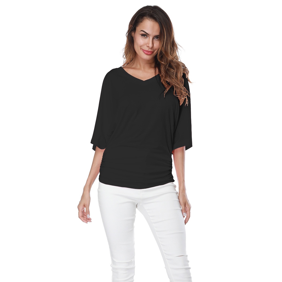 Cross-border large-size women's loose bat sleeve V-neck short-sleeved T-shirt top yellow xxxxxl